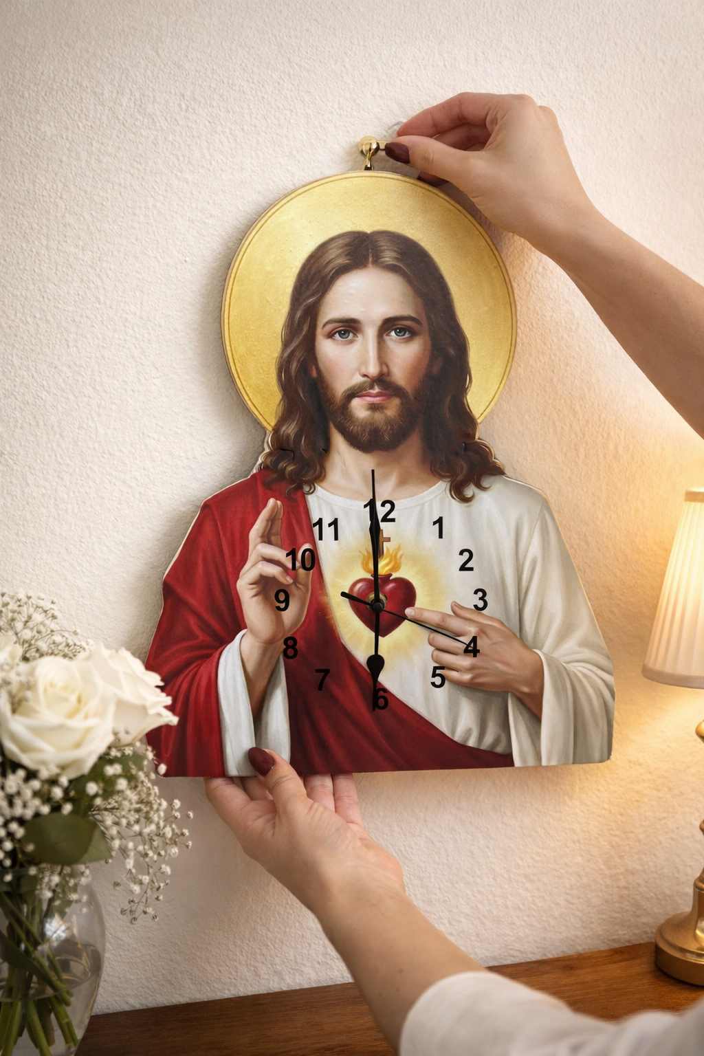 Reloj en Madera del Sagrado Corazón de Jesús🙏 – Decoración Religiosa para el Hogar
